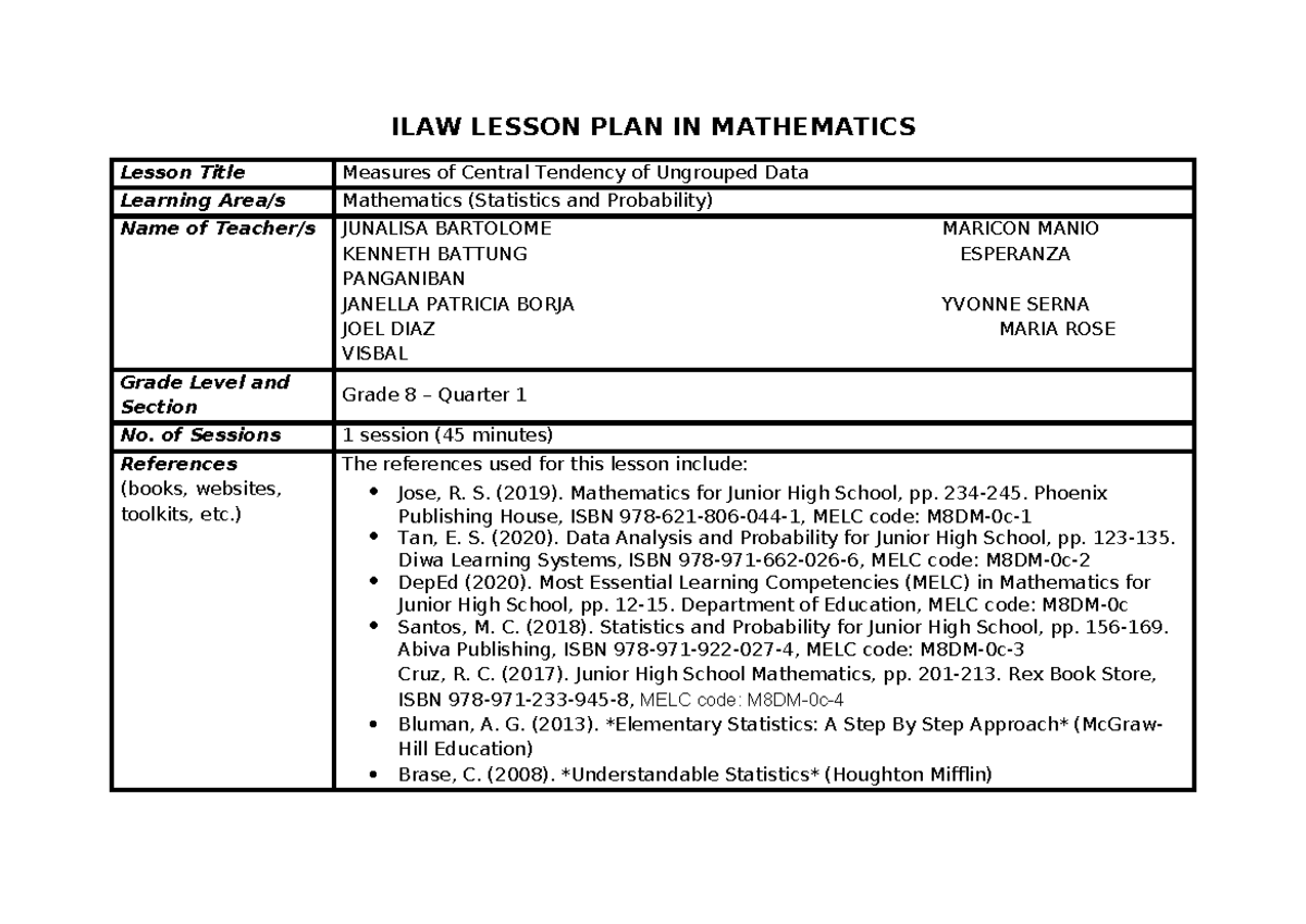 ILAW G8 Lesson Plan: Measures of Central Tendency of Ungrouped Data ...
