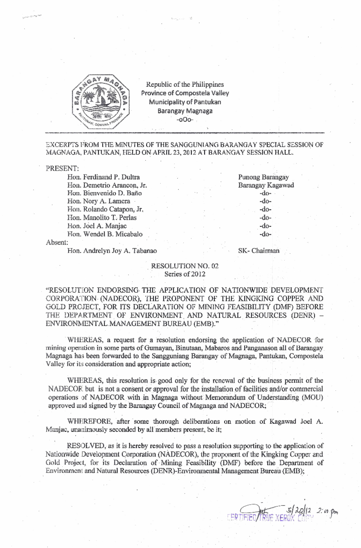 Barangay Magnaga Resolution Endorsing NADECOR Mining Project - Studocu