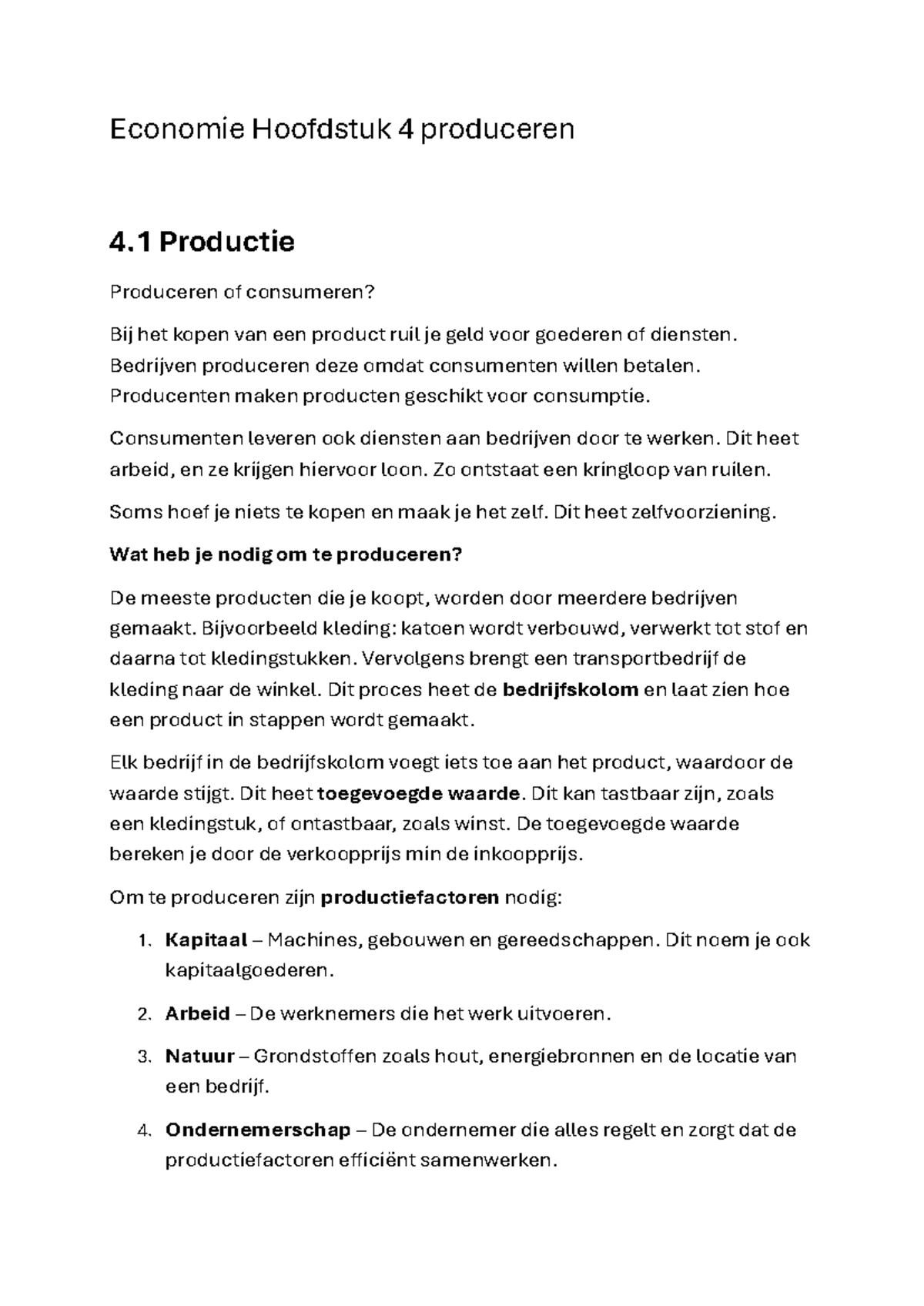 Economie Hoofdstuk 4: Produceren en de Bedrijfskolom - Studeersnel