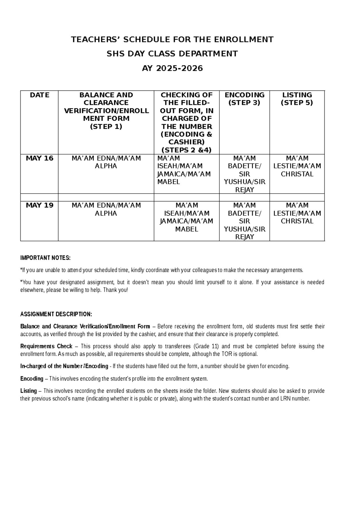 Teachers Schedule for Enrollment AY 2025-2026: Important Steps & Notes ...