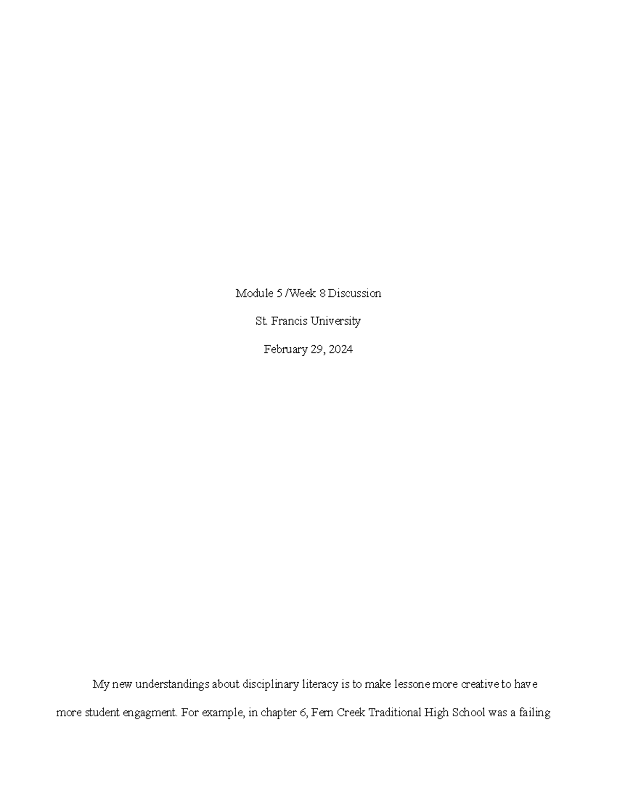 Module 5 / Week 8 Discussion: Enhancing Disciplinary Literacy ...