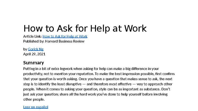 Effective Strategies for Asking for Help at Work - Studocu