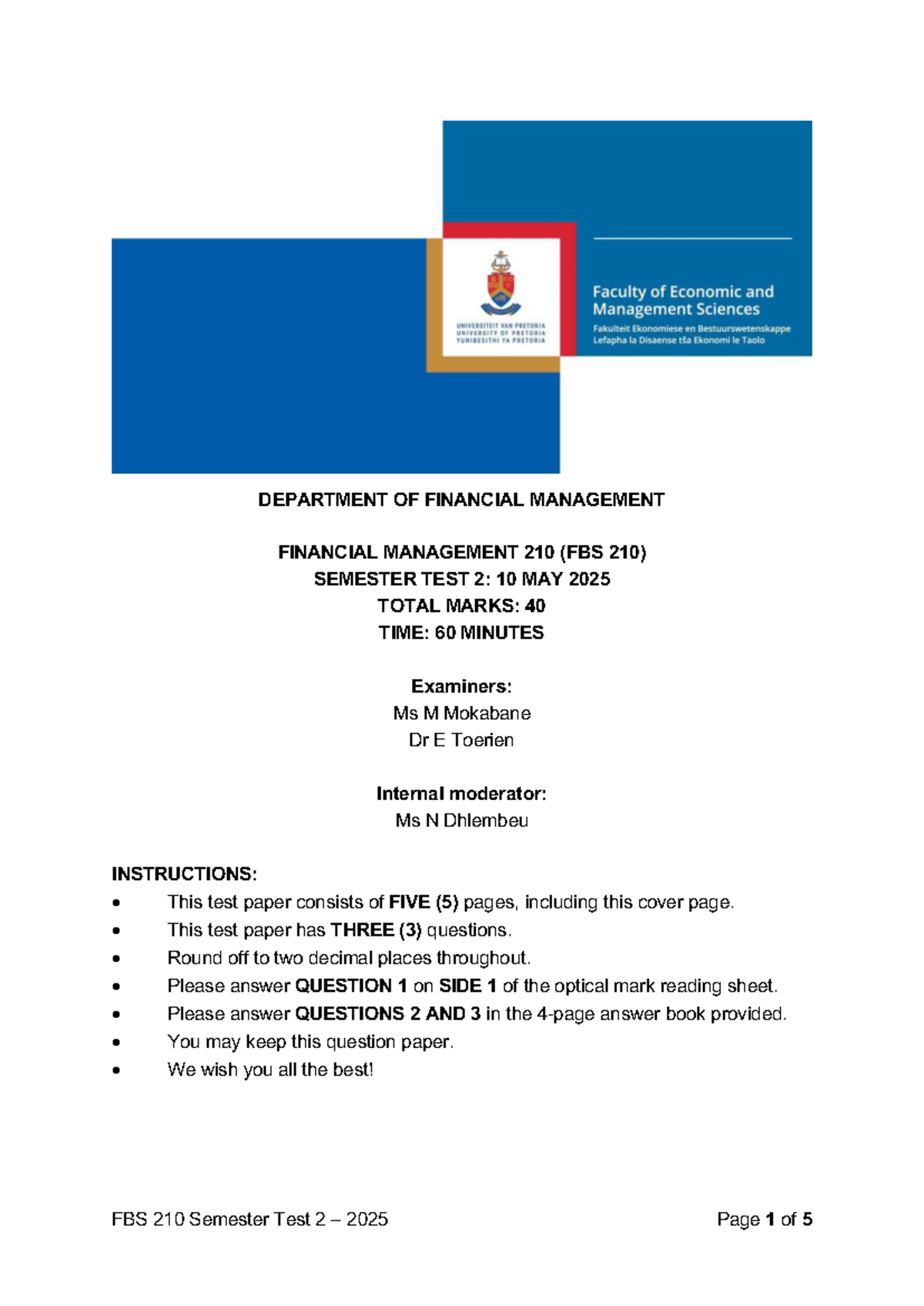 FBS 210 Semester Test 2 2025 - Question Paper and Instructions - Studocu