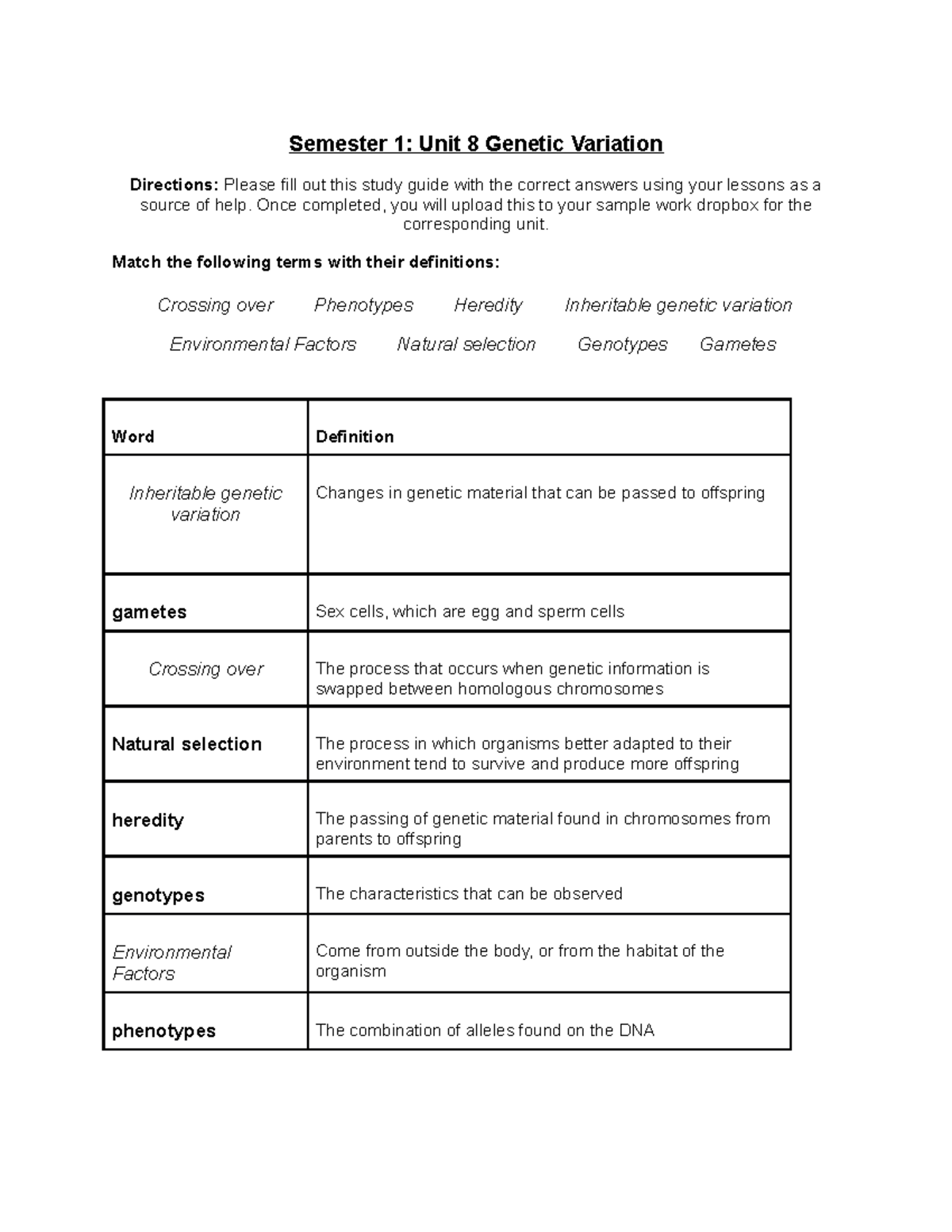 Genetic Variation Study Guide - Semester 1 Unit 8 Exam Prep - Studocu