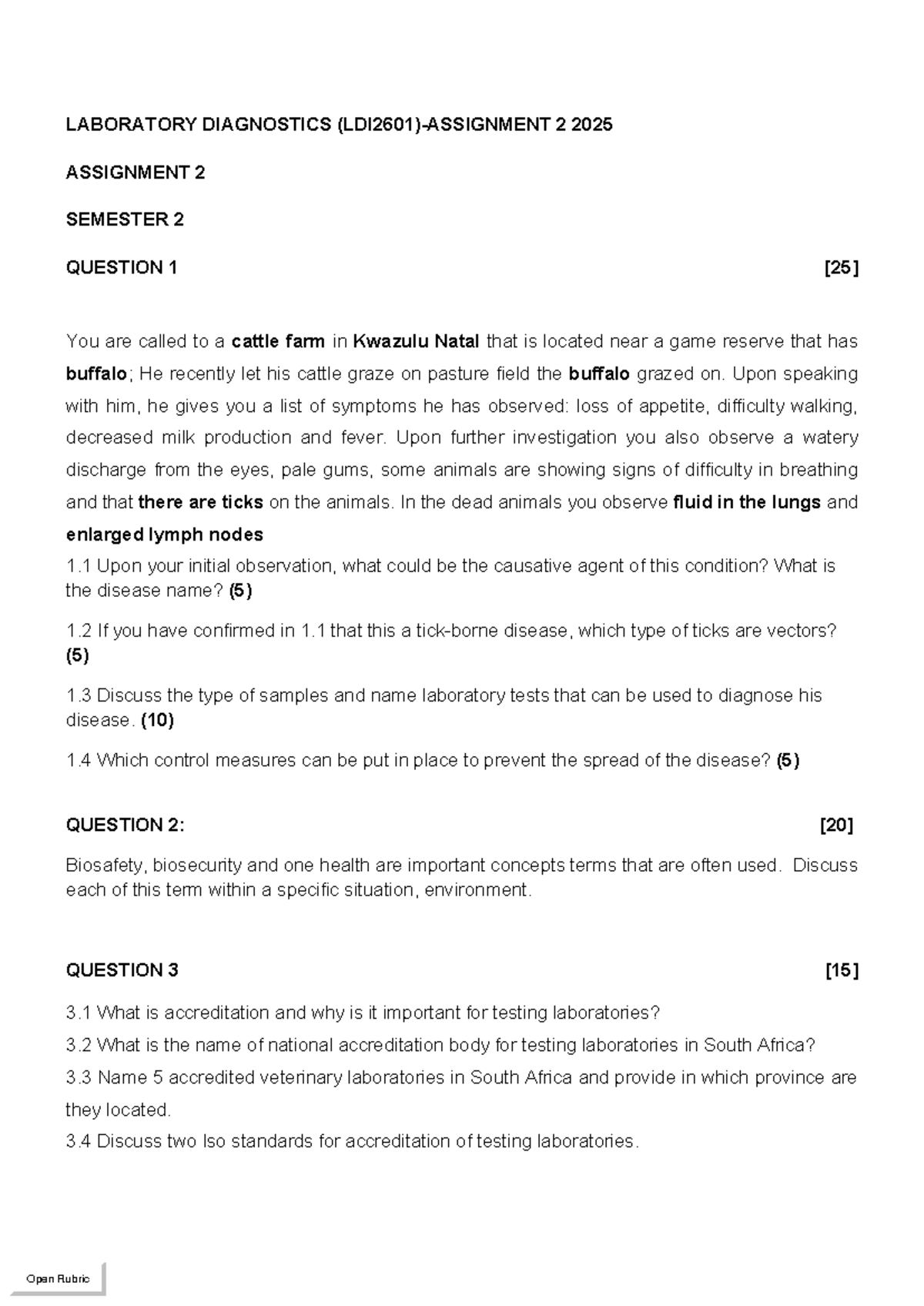 LDI2601 Assignment 2: Laboratory Diagnostics & Disease Control S2 2025 ...