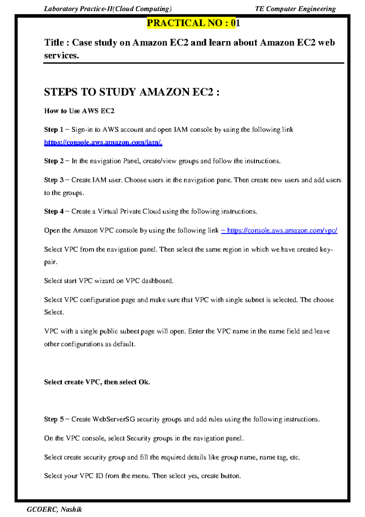 Case Study on Amazon EC2: Practical No. 01 GCOERC, Nashik - Studocu