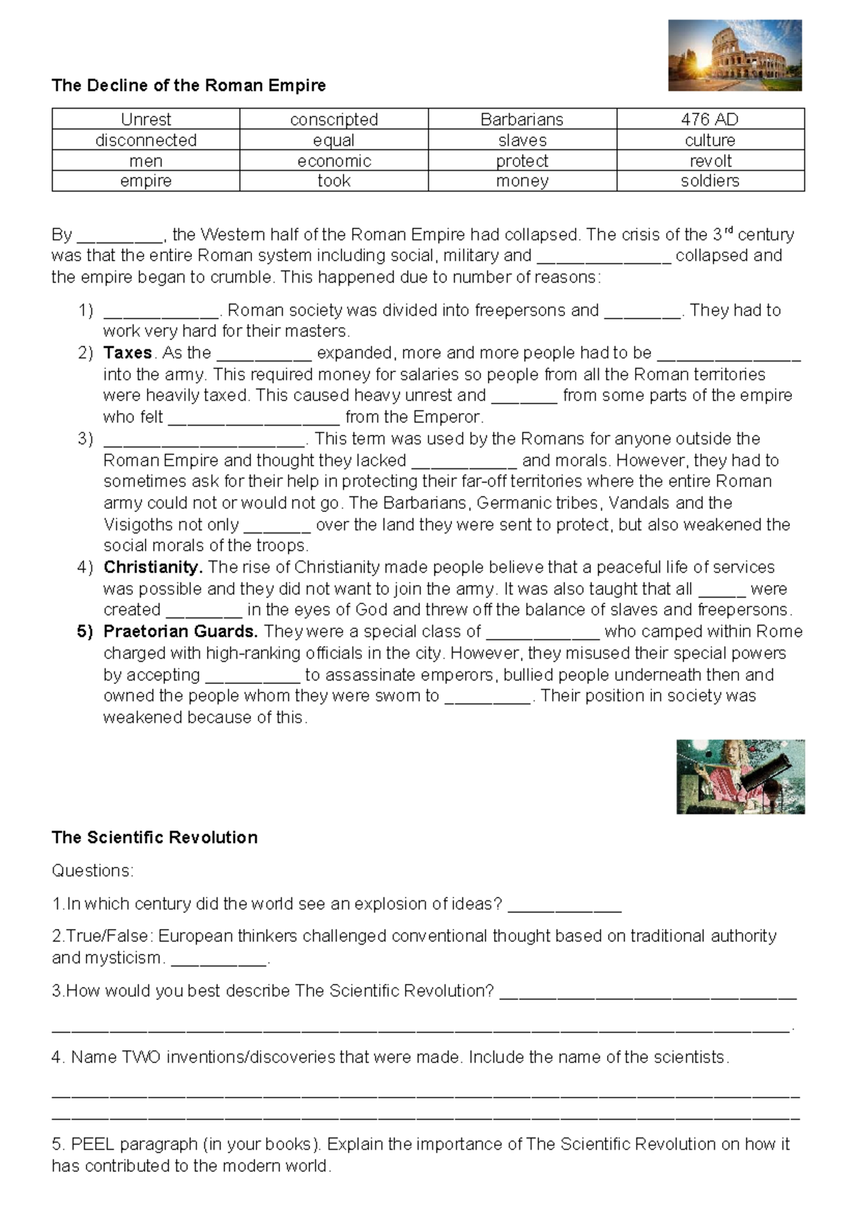 Overview Worksheet: The Roman Empire's Decline & Scientific Revolution ...