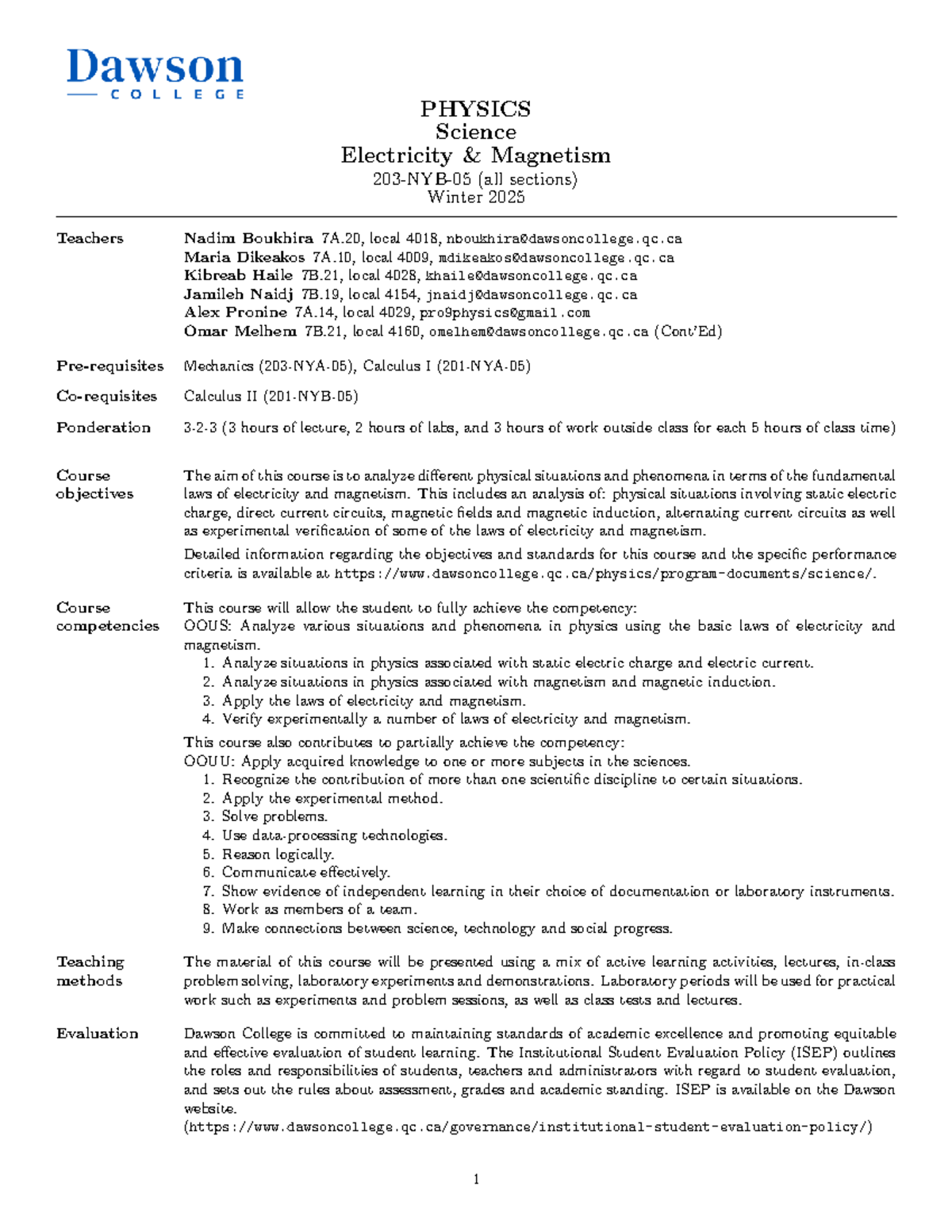 203-NYB-05 Winter 2025 Electricity & Magnetism Course Outline - Studocu
