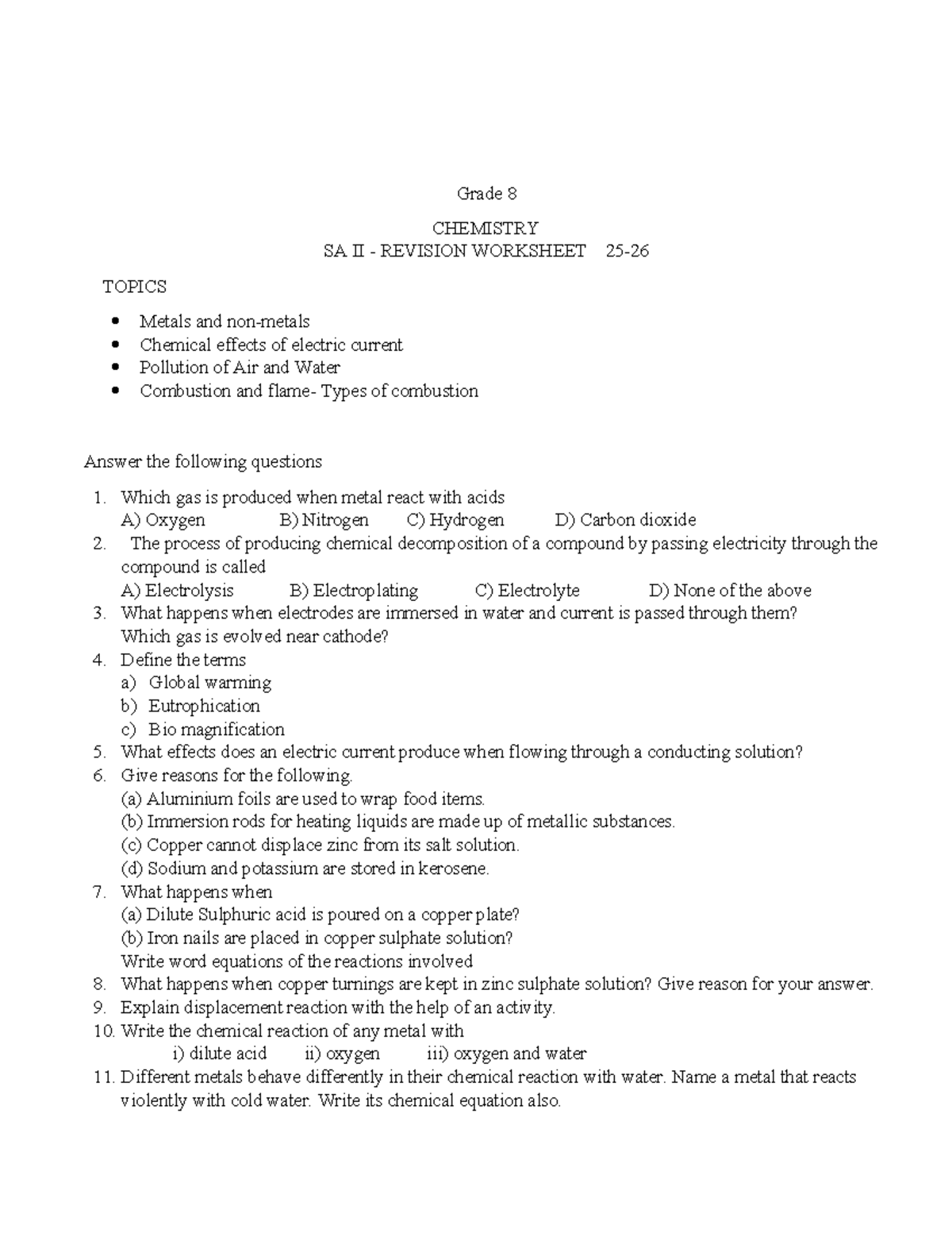 Grade 8 CHEMISTRY SA II Revision Worksheet: Metals & Chemical Effects ...