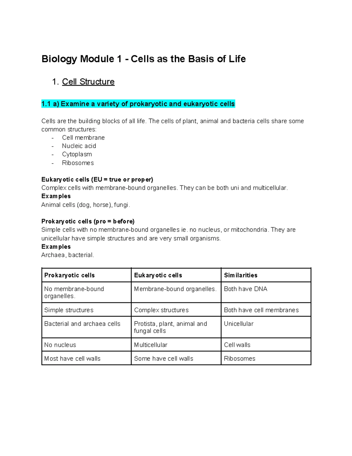 BIO 101: Unicellular vs. Multicellular Organisms Study Notes - Studocu