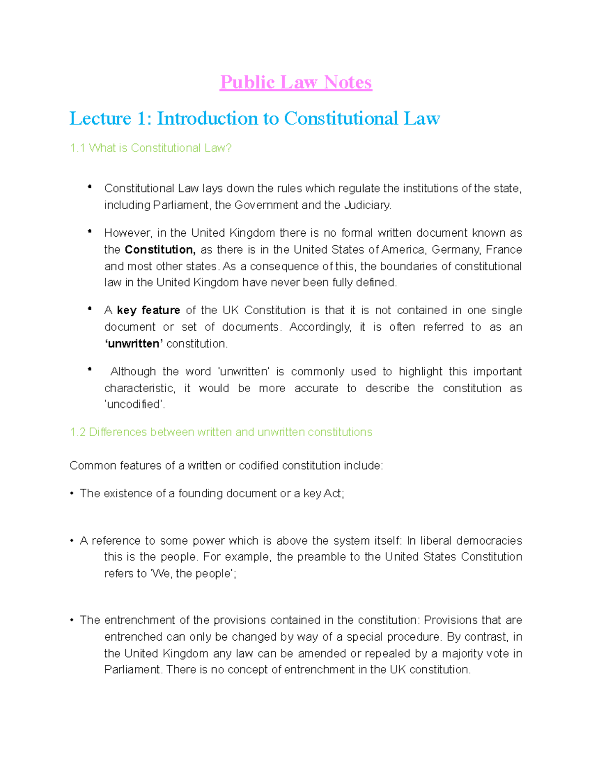 UK Public Law: Constitutional Law Lecture Notes - Studocu