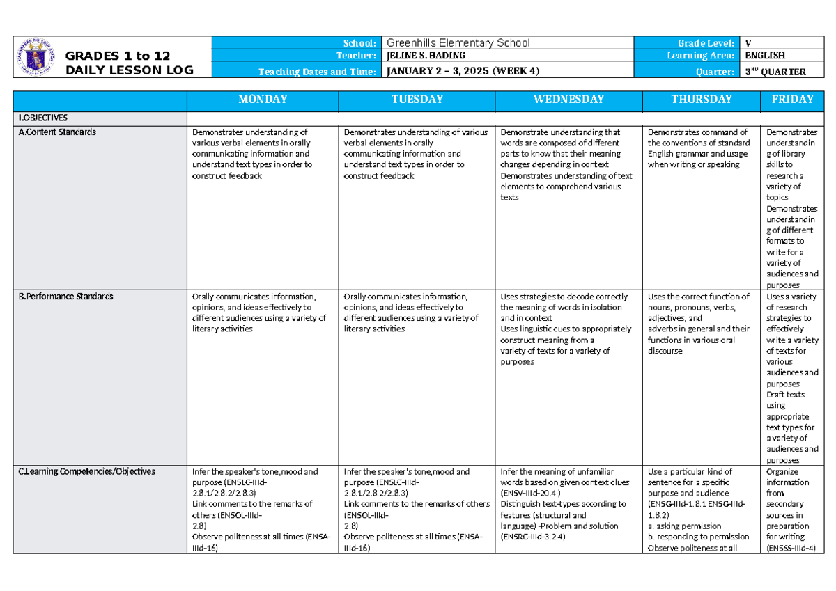 DLL English 5 Q3 W4 - Lecture note - GRADES 1 to 12 DAILY LESSON LOG ...