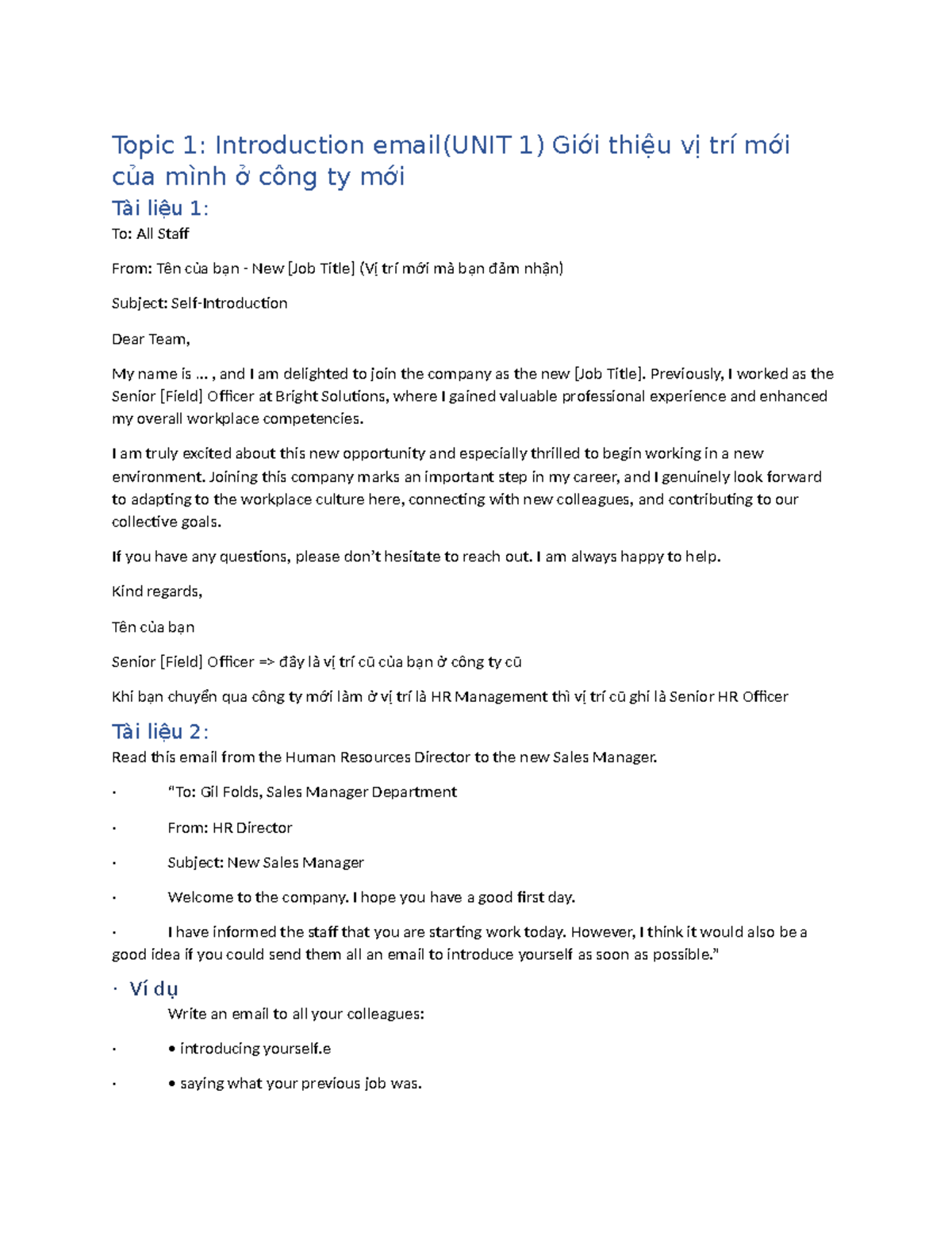 Subject: Introduction Email for New Position (UNIT 1) - Studocu