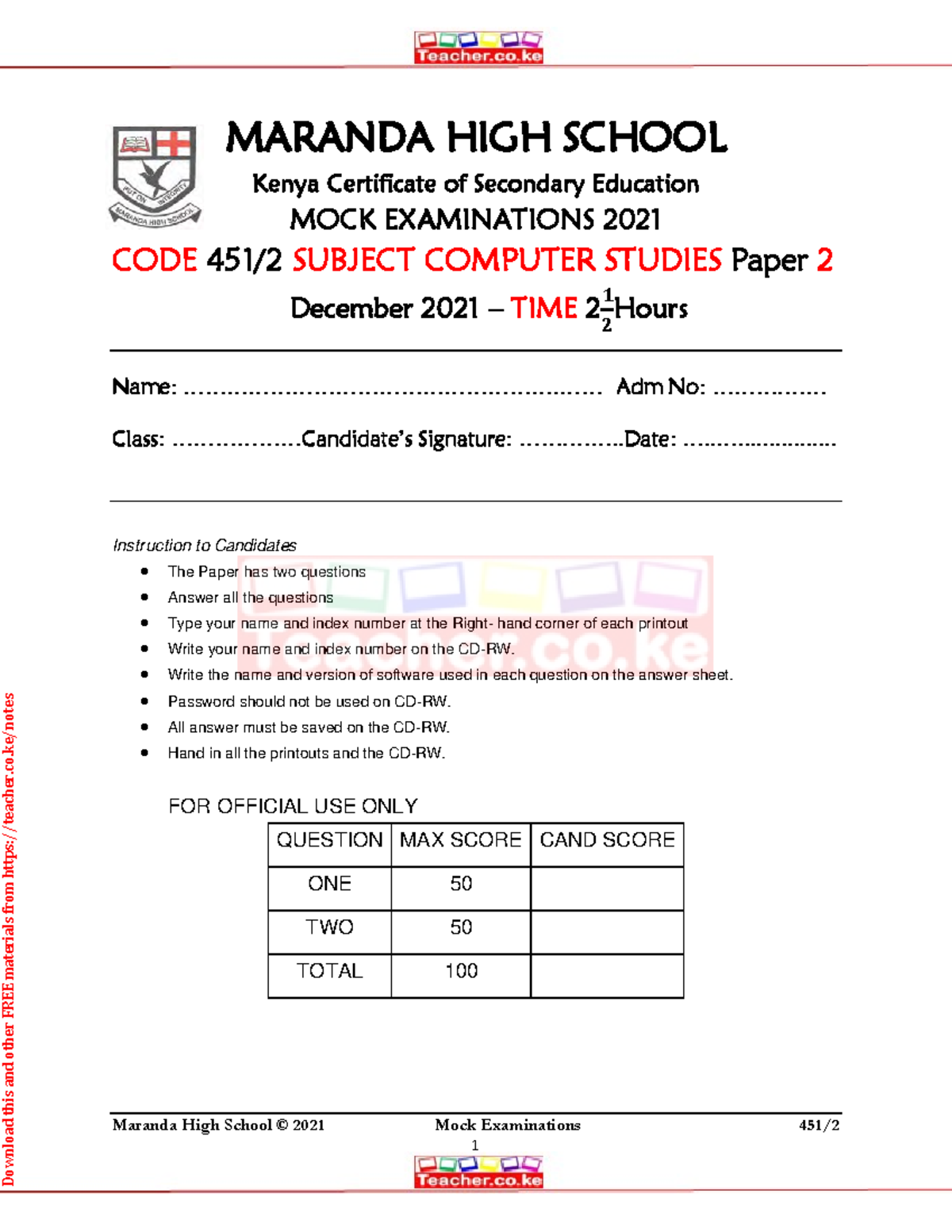 2022 Maranda Mock 451 Computer Studies P2 QS Teacher - Maranda High ...