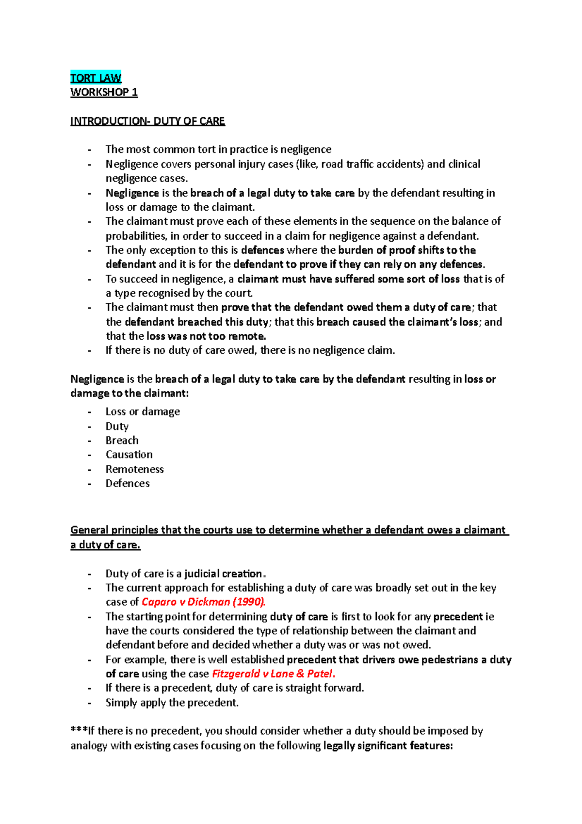 Introduction to Duty of Care in Tort Law (Workshop 1) - Studocu