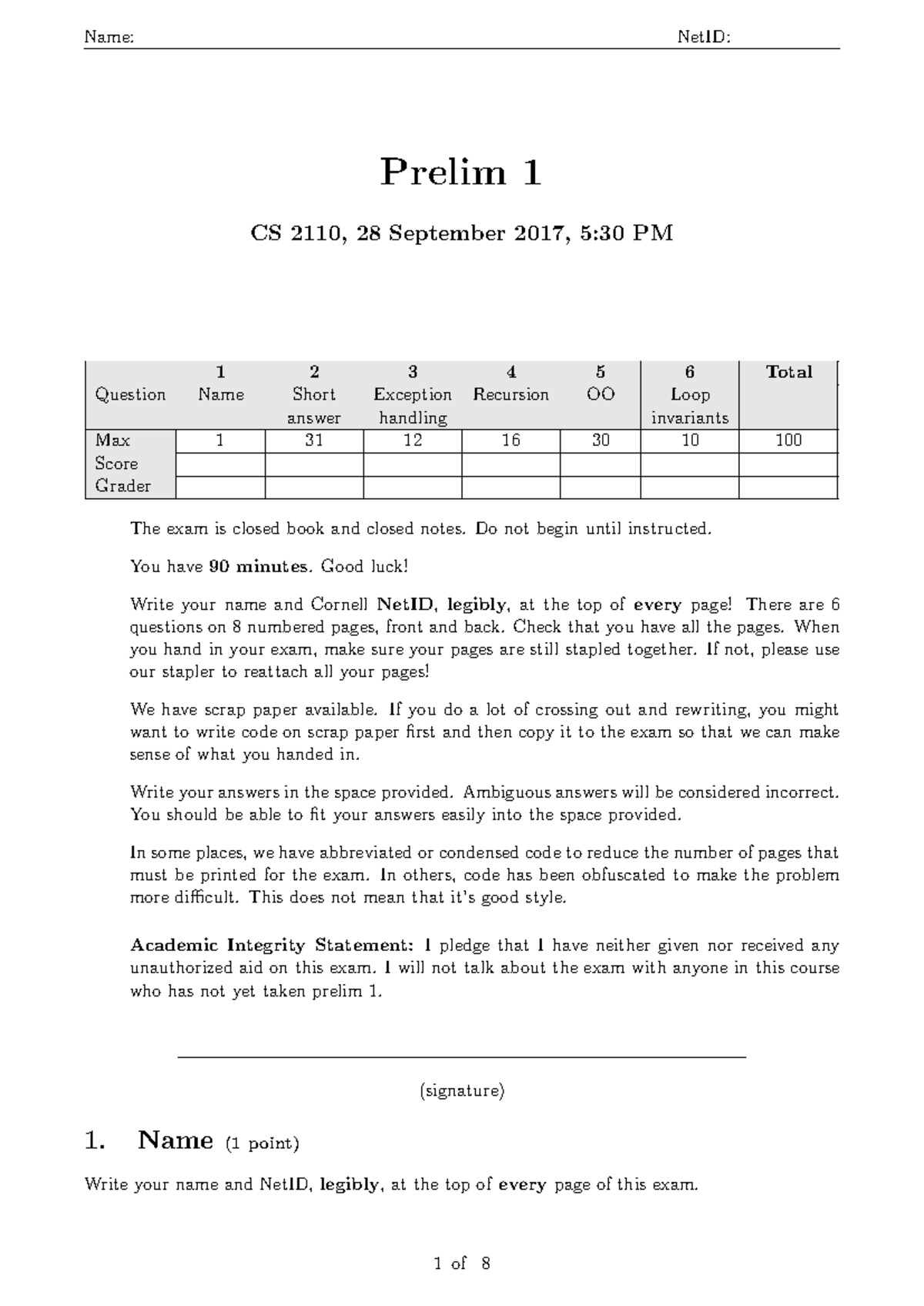 P1CS2110FA17A - CS 2110 Prelim 1 Exam Questions and Guidelines - Studocu