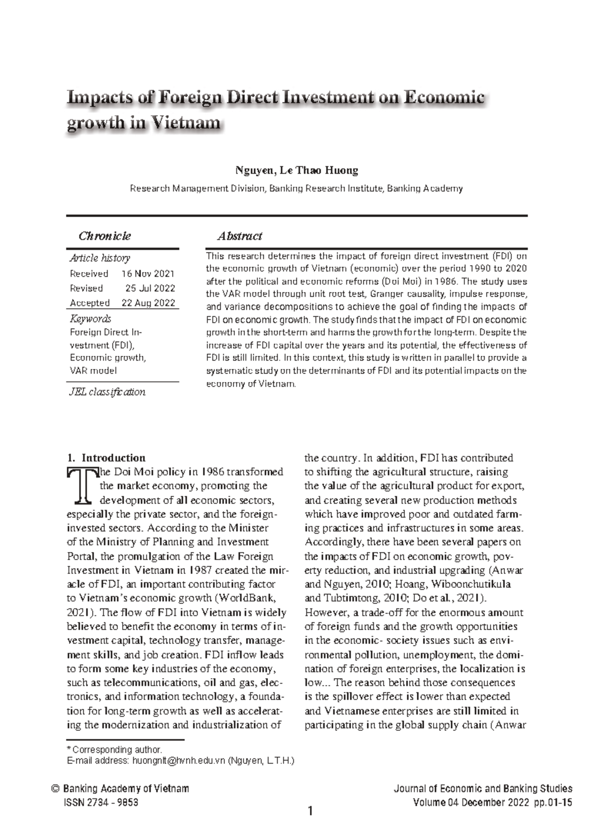 Impacts of FDI on Economic Growth in Vietnam (2020) - Research Study ...