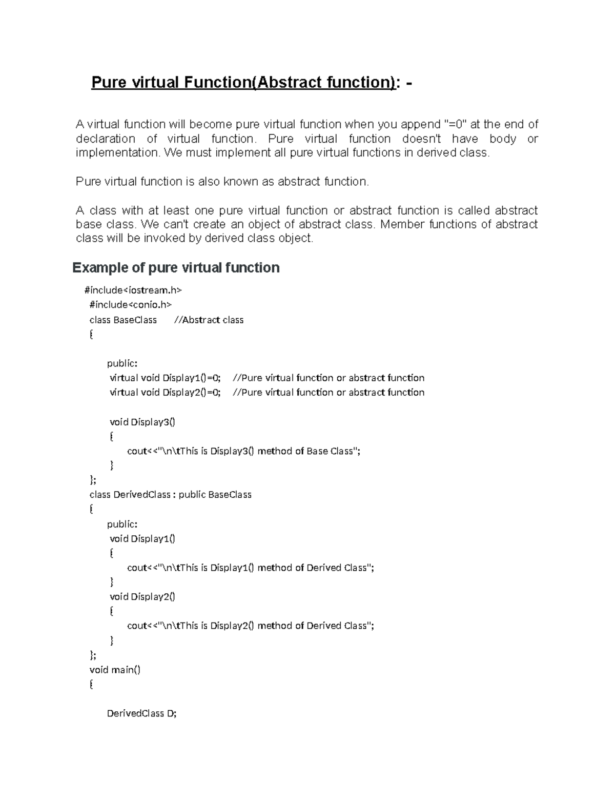 Pure Virtual Functions and 'this' Pointer in OOP Concepts - Studocu