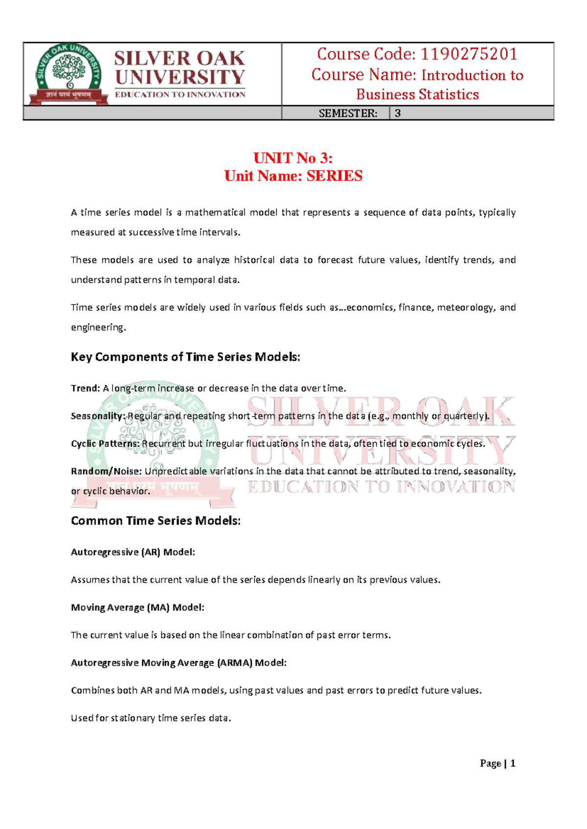 Business Statistics 1190275201: Unit 3 - Time Series Models Notes - Studocu