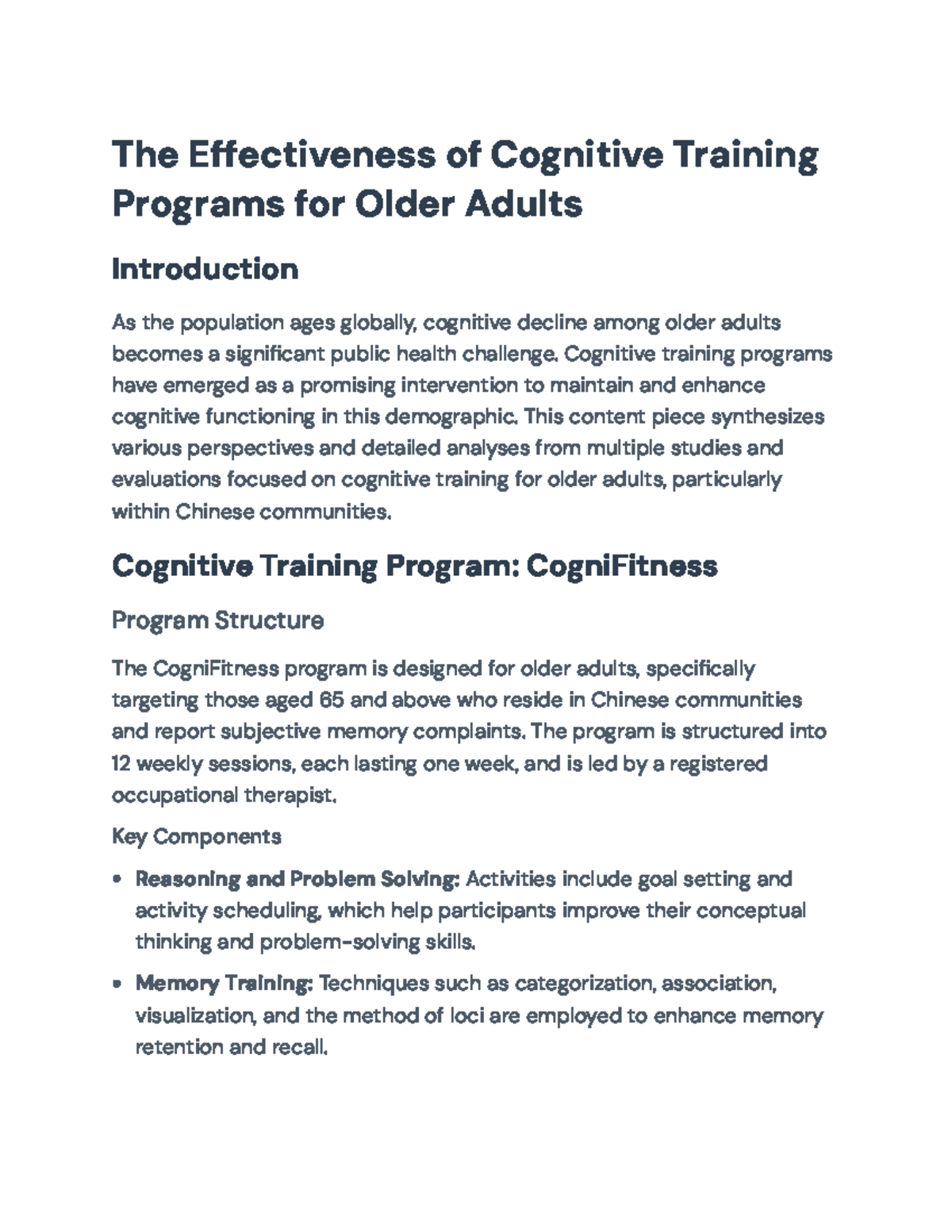 Cognitive Training Program for Older Adults: The CogniFitness Approach ...
