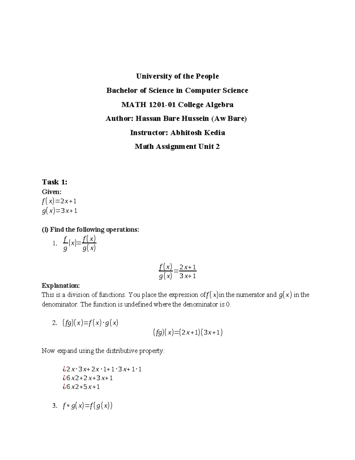 Math Assignment Unit 2: Operations & Transformations of Functions - Studocu