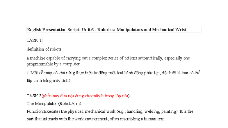 English Presentation Script: Unit 6 - Robotics: Manipulators ...