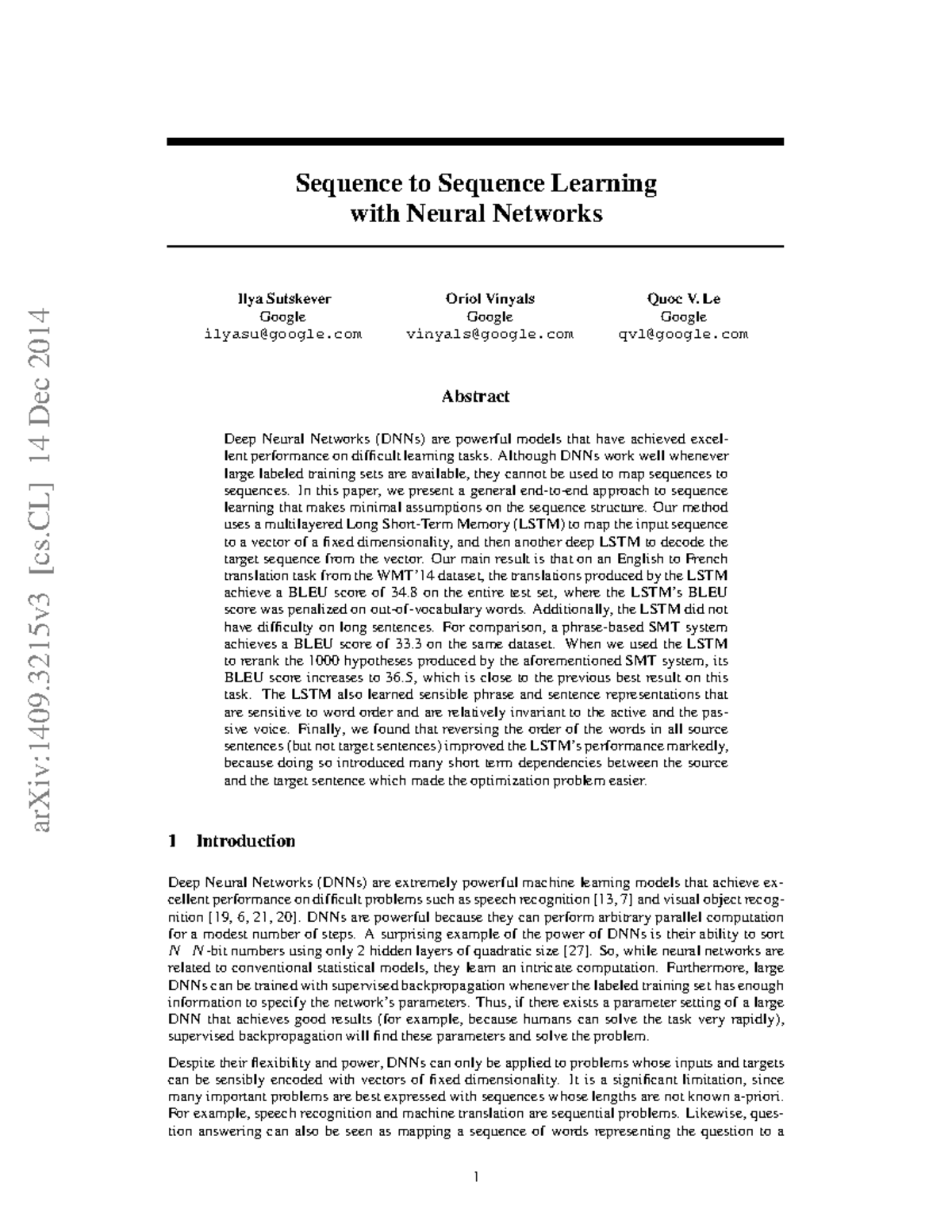 1.1 Sequence to Sequence Learning with Neural Networks (arXiv:1409 ...