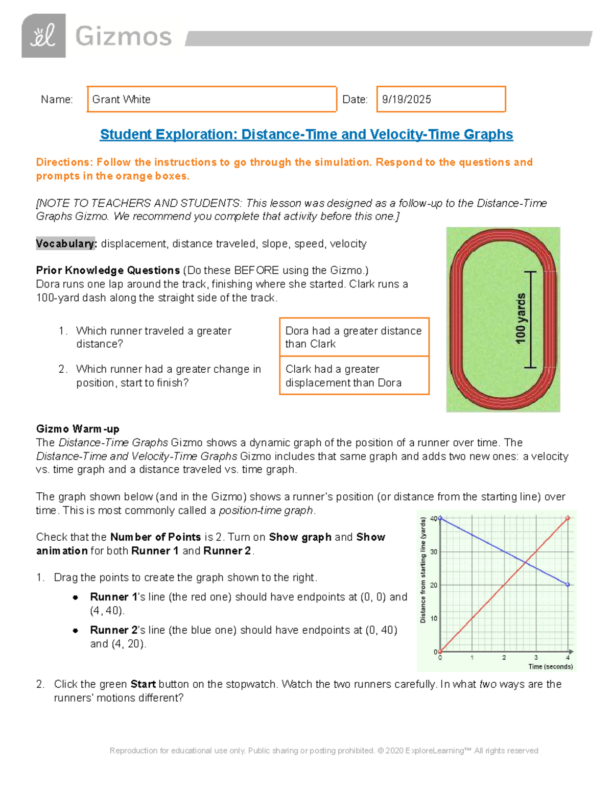 Distance, Time, and Velocity Exploration SE: Gizmo Activity Guide - Studocu