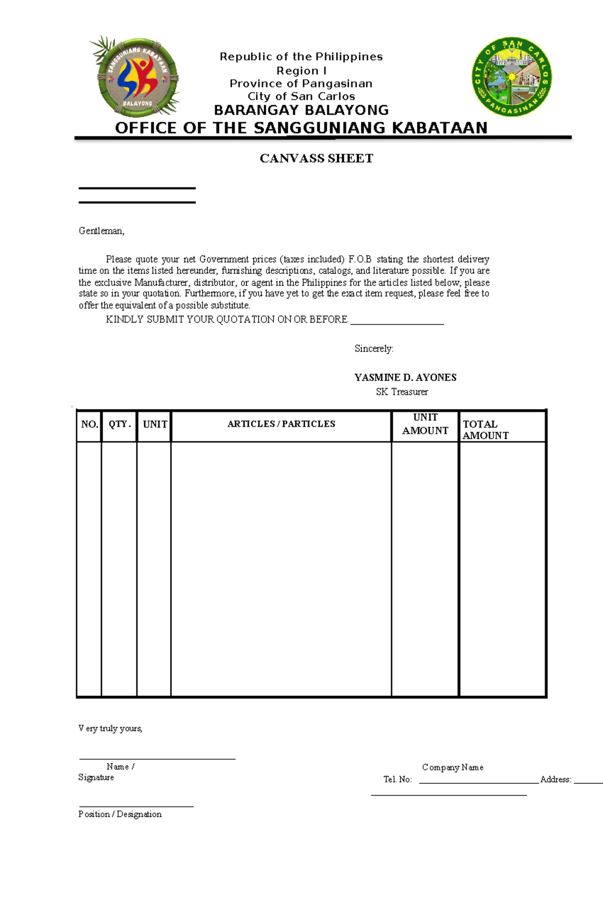 Canvas - Procurement Canvass Sheet for Barangay Balayong - Studocu