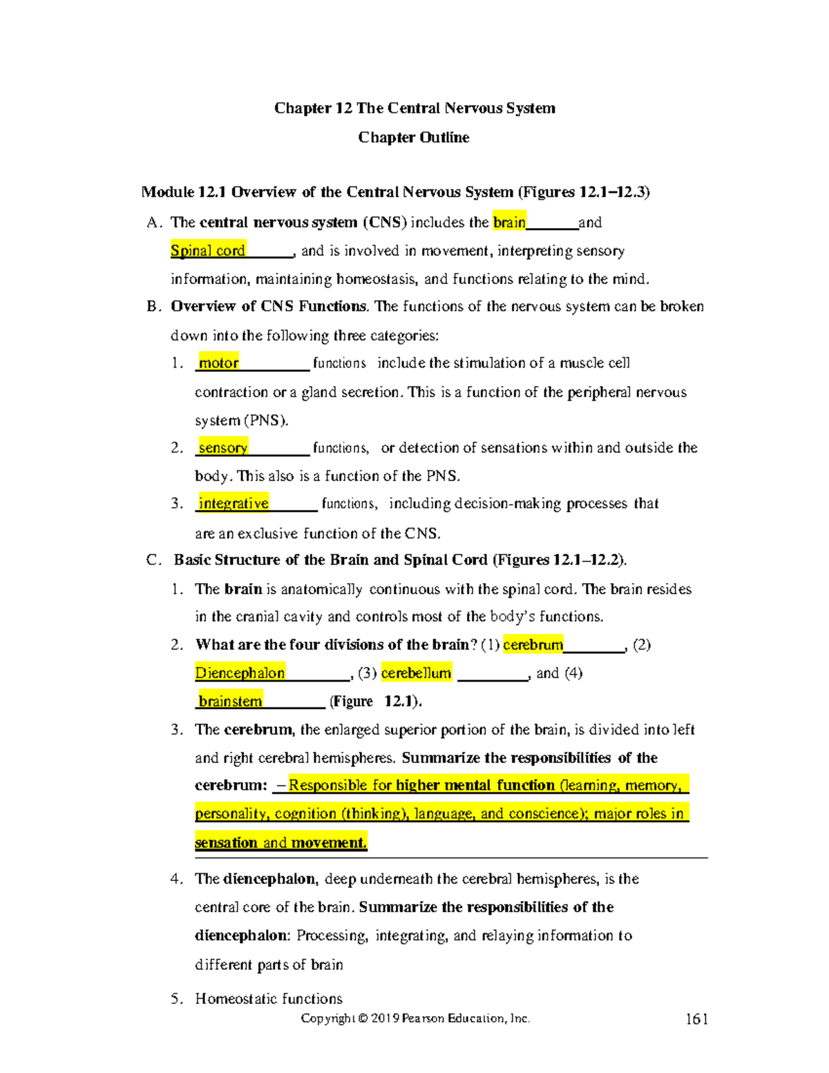 Chapter 12 Outline: Overview of the Central Nervous System - Studocu