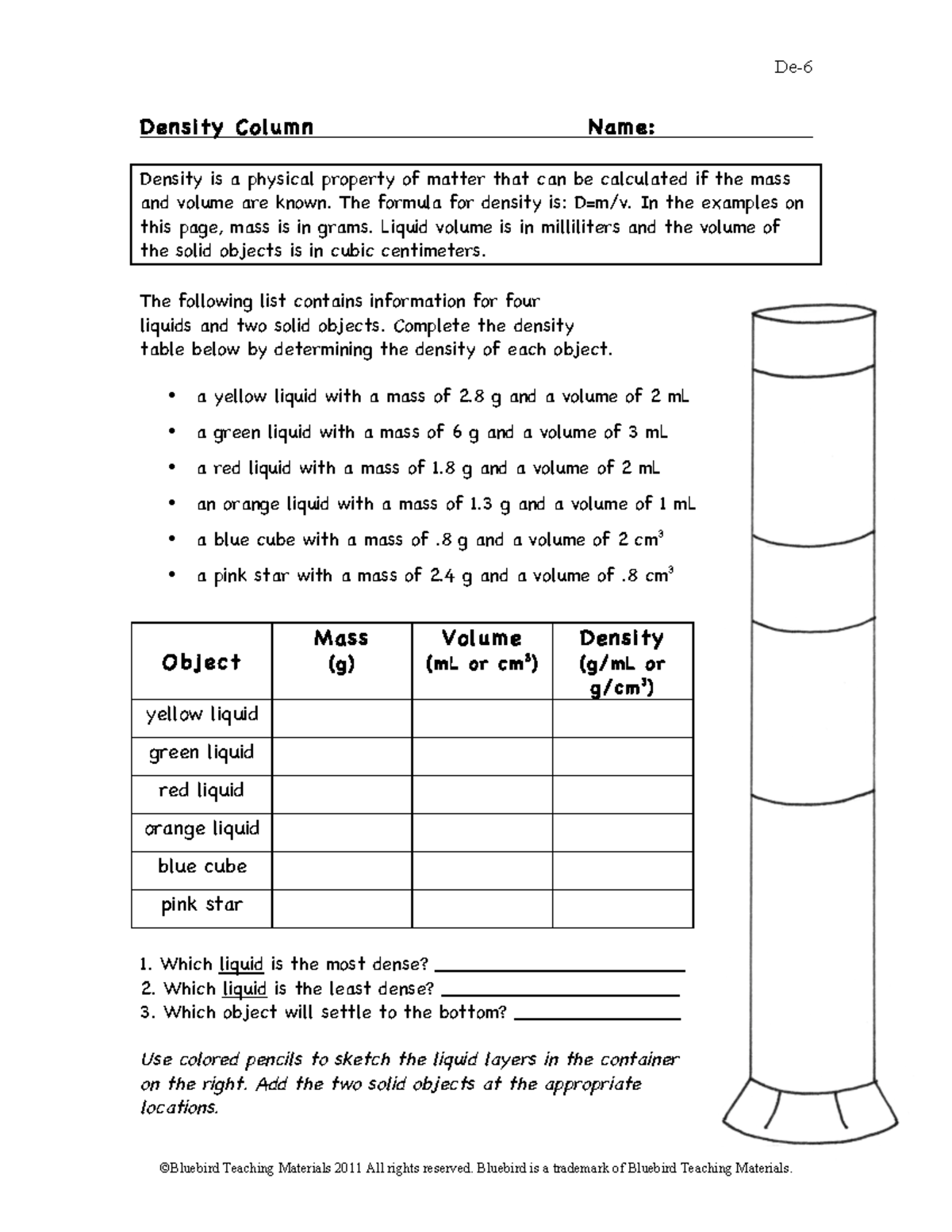 Density Column Worksheet - Mary Everett - Science Study Guide - Studocu