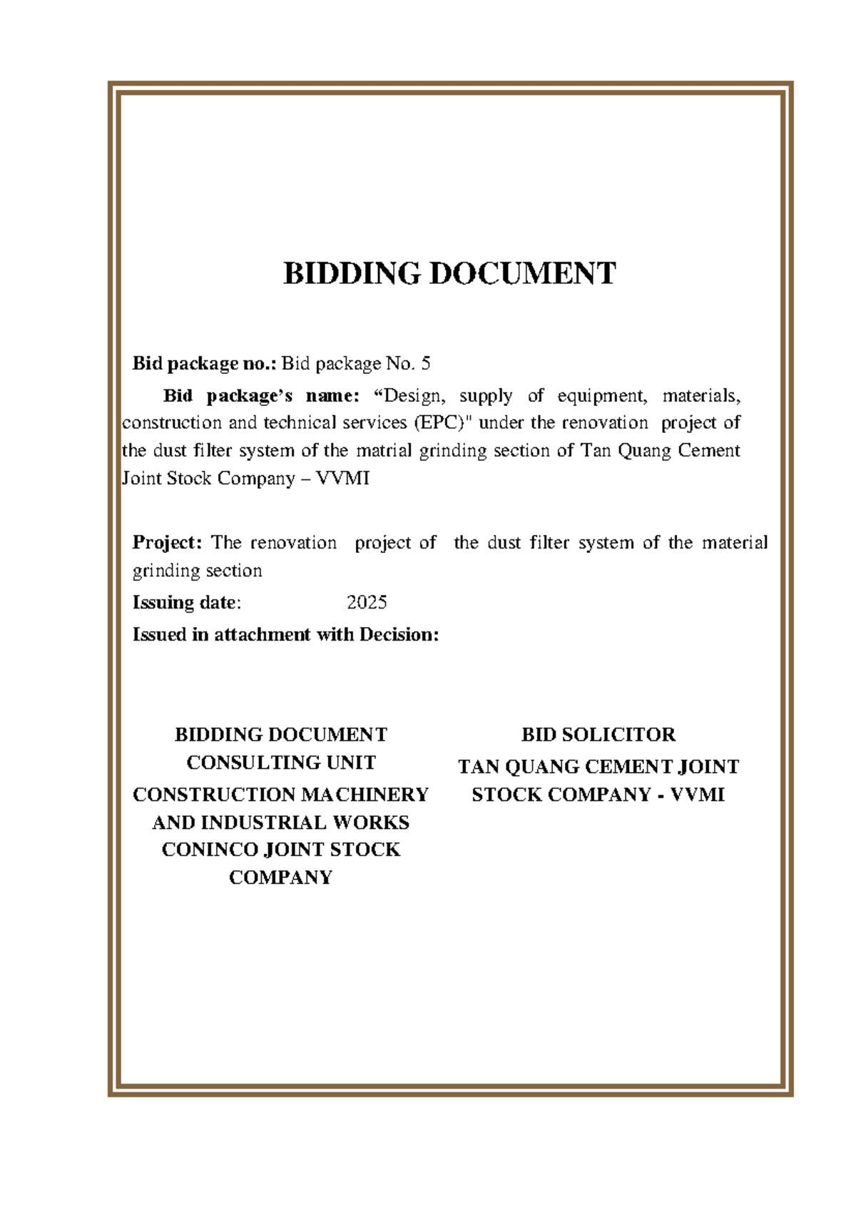 Bidding Document for Bid Package No. 5: Equipment & Services for Dust ...