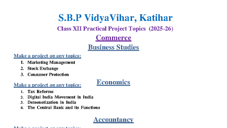Class XII Practical Project Topics for Commerce & Arts (2025-26) - Studocu