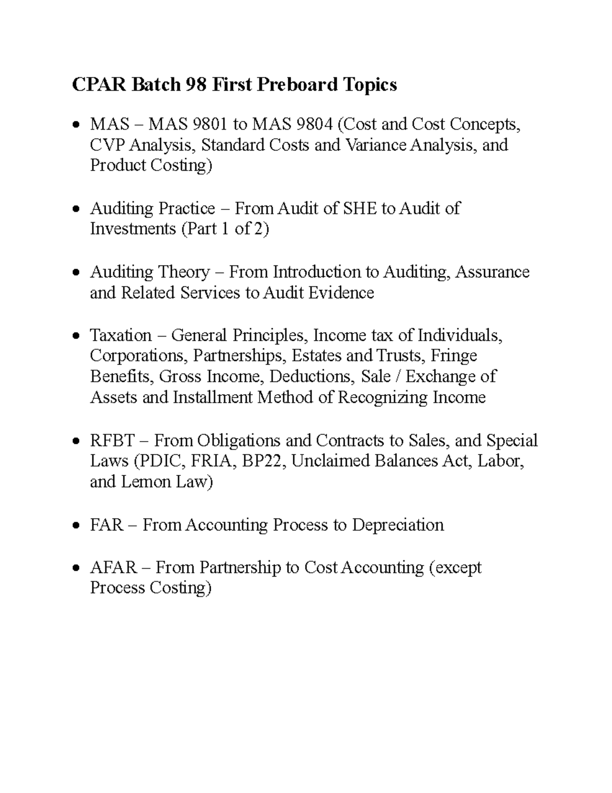 CPAR Batch 98 Preboard Topics Overview for MAS 9801-9804 and More - Studocu