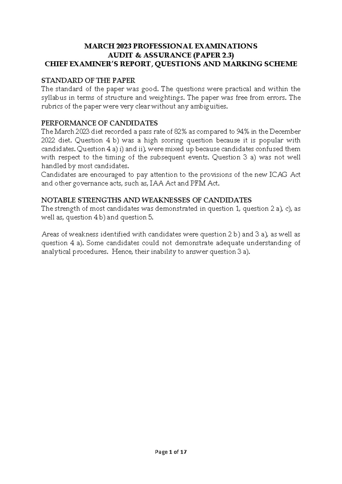 Audit Assurance (PAPER 2.3) March 2023 Exam Report & Analysis - Studocu