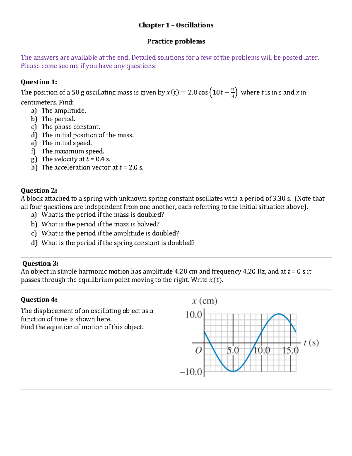 Chapter 1 - Oscillations Practice Problems and Solutions - Studocu