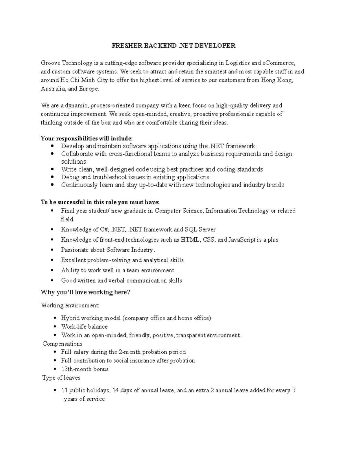 VTI Academy JD for Freshers: Backend .NET Developer Position - Studocu