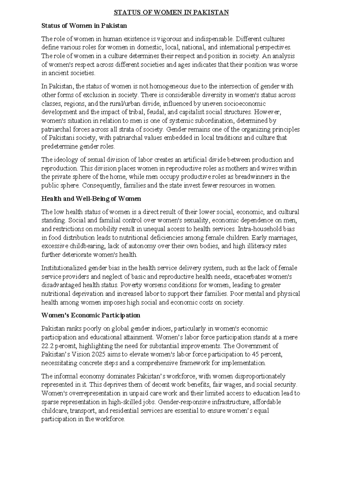 Status OF Women IN Pakistan - STATUS OF WOMEN IN PAKISTAN Status of ...