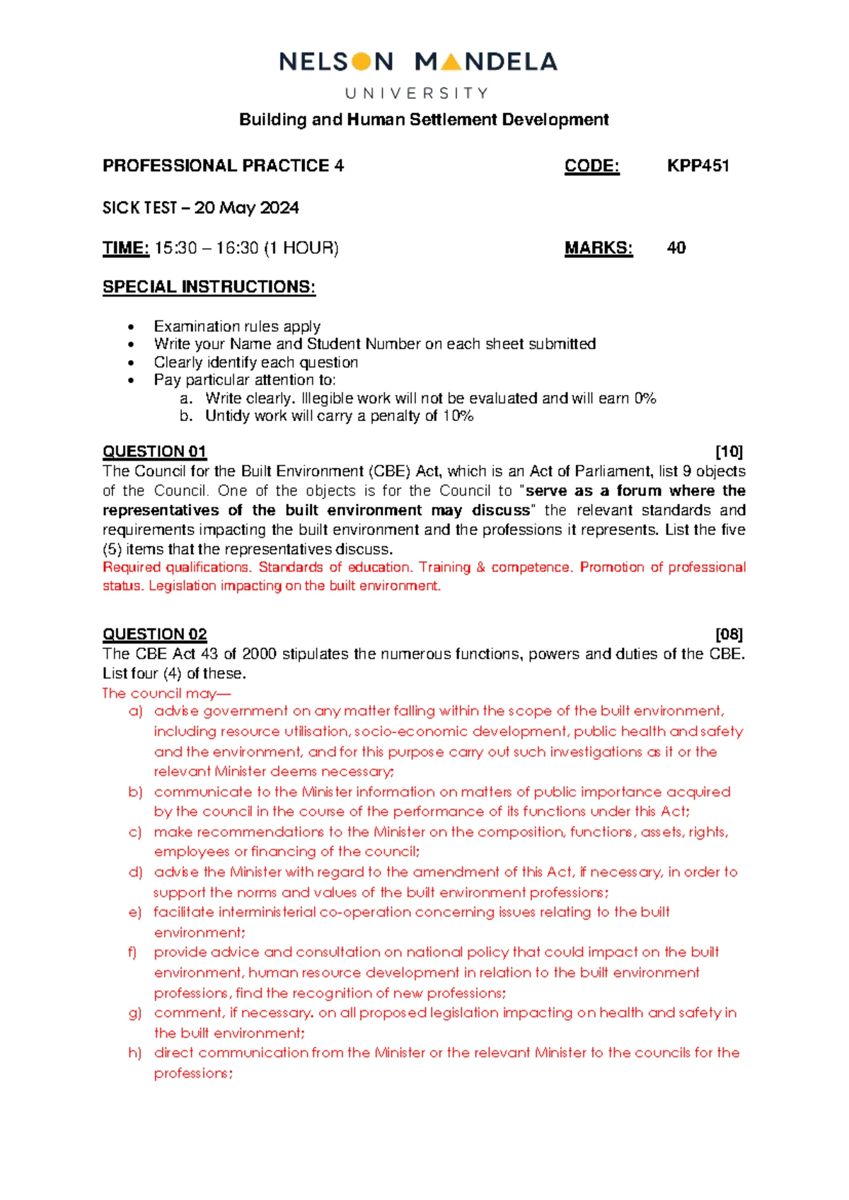 Building and Human Settlement Development KPP 451 - Semester Test 2 ...