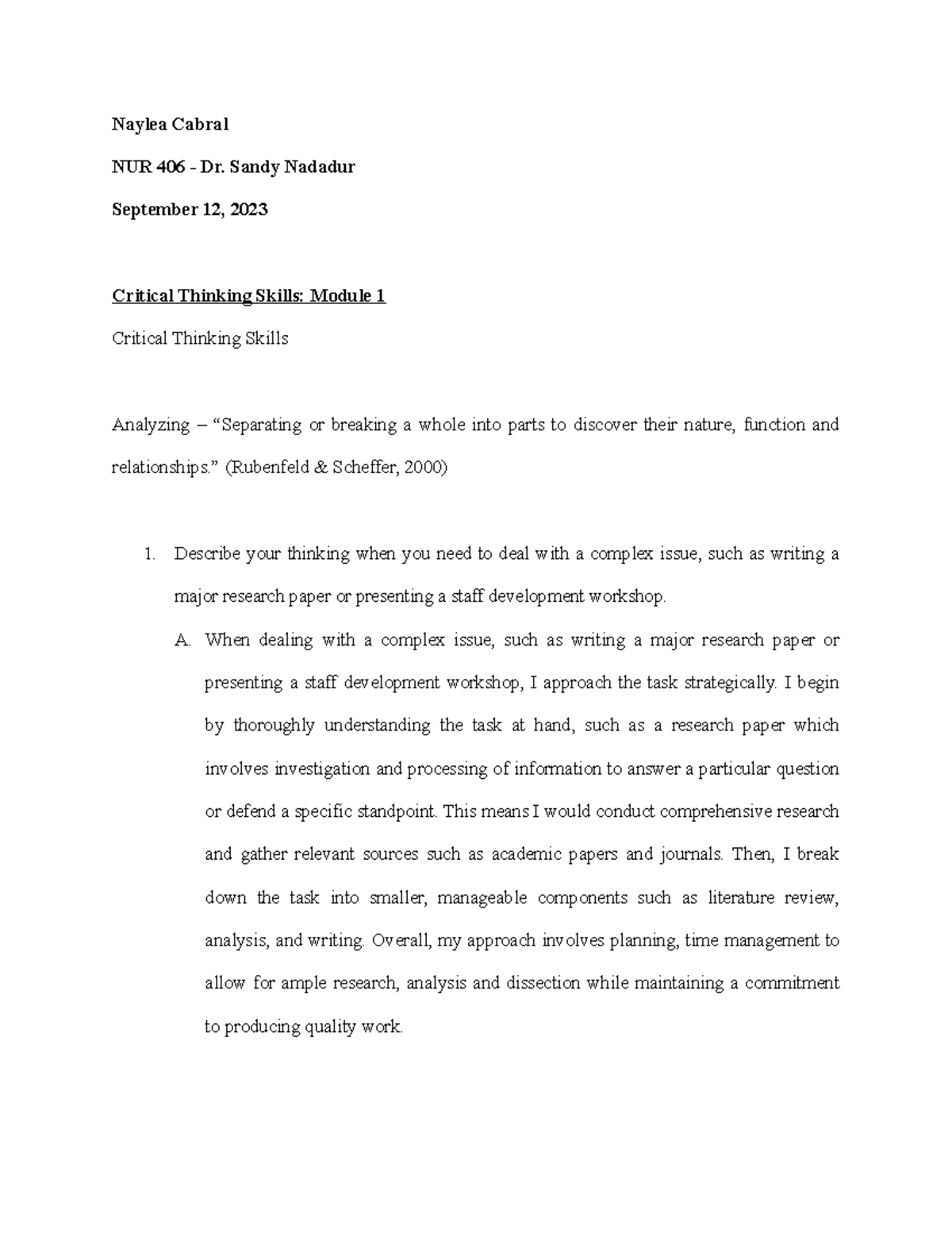 NUR 406 Critical Thinking Skills: Module 1 Overview and Insights - Studocu
