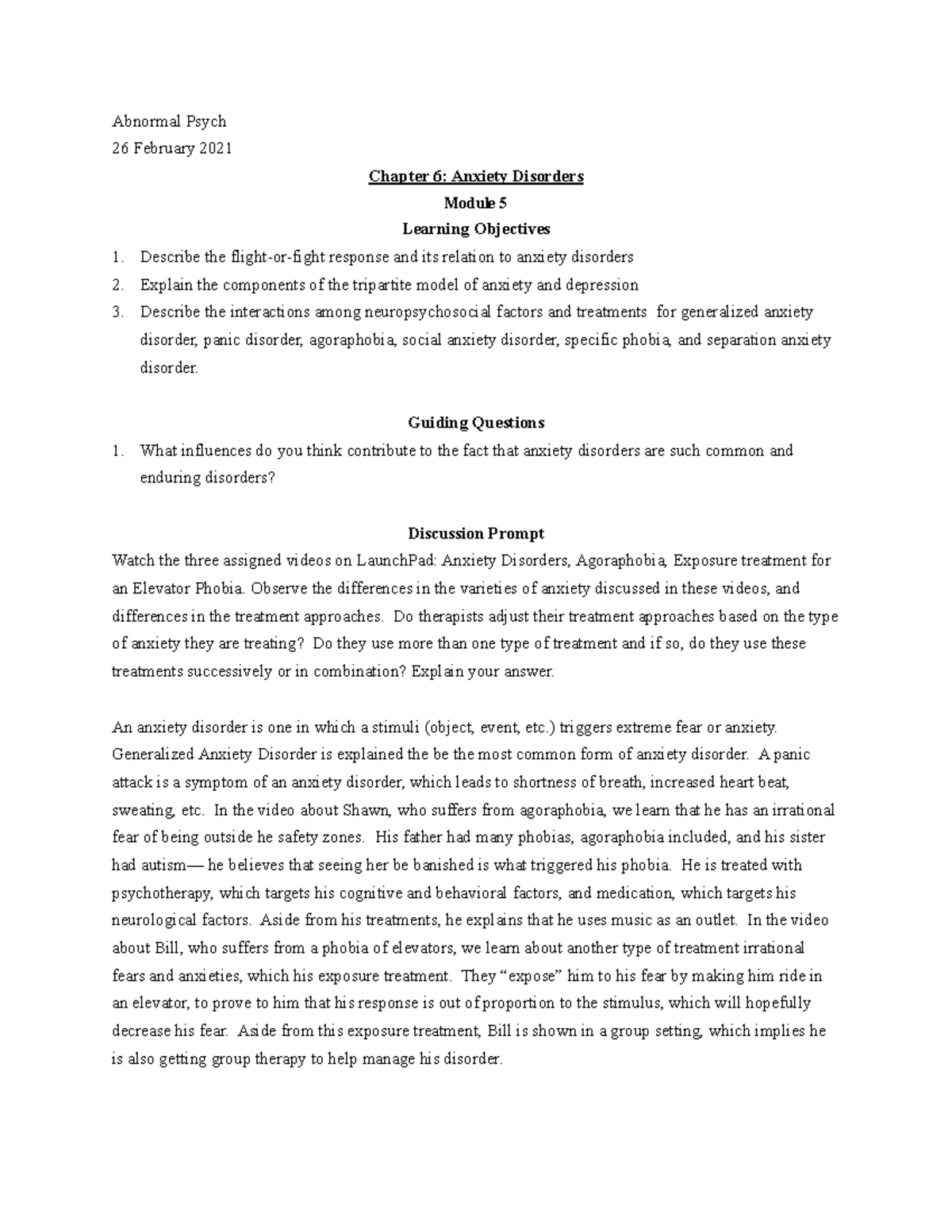 Abnormal Psych 2021: Exam 2 Study Guide on Anxiety Disorders - Studocu