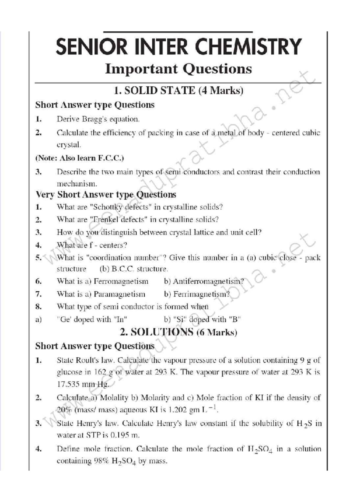 SENIOR INTER CHEMISTRY Important Questions: Solid State, Solutions ...