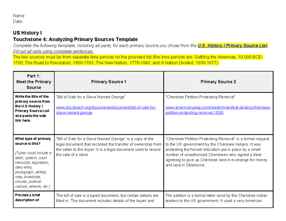 US History I Touchstone 4: Analyzing Primary Sources Template - Studocu