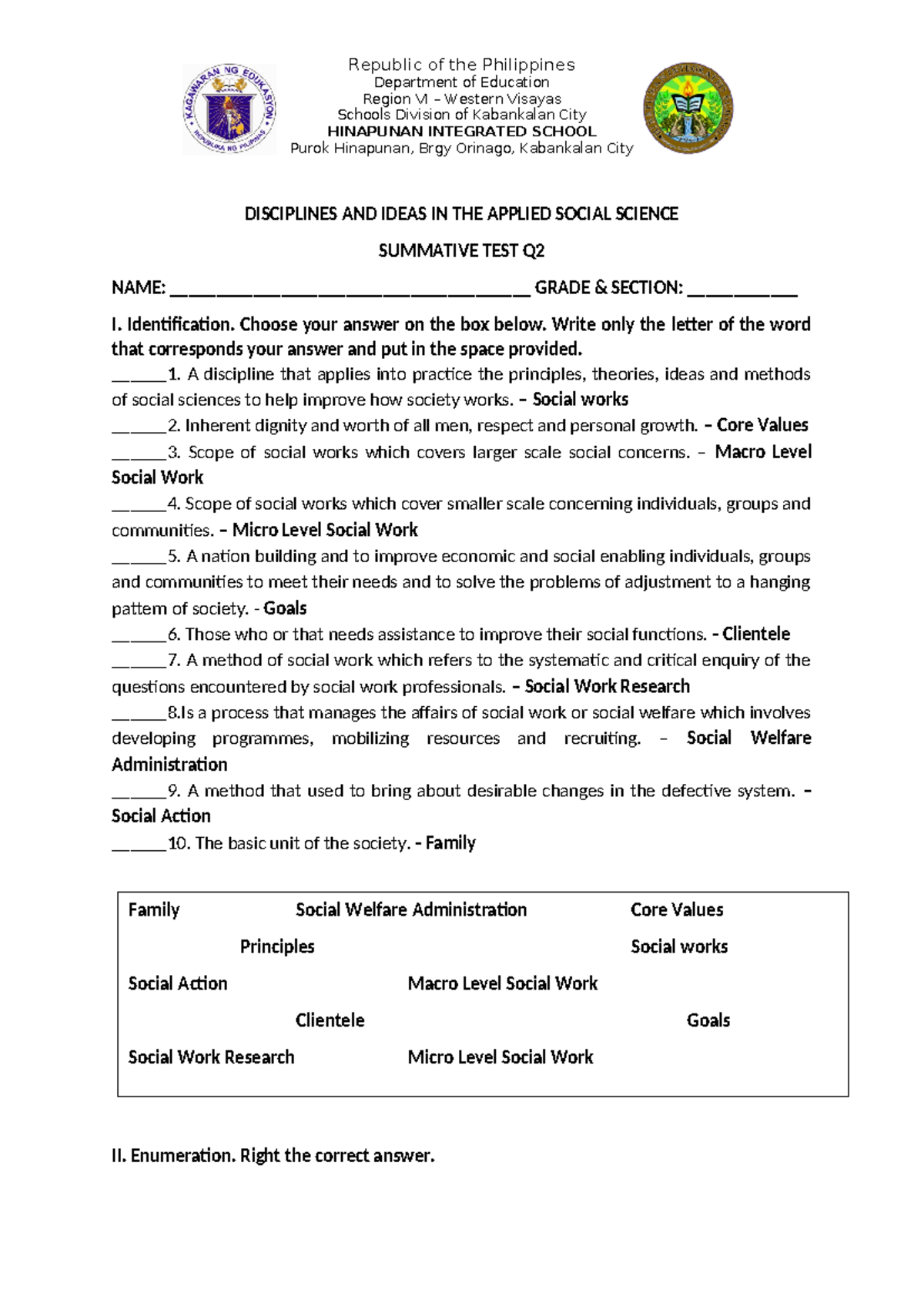 Answer Key for Summative Test on Disciplines in Applied Social Sciences ...