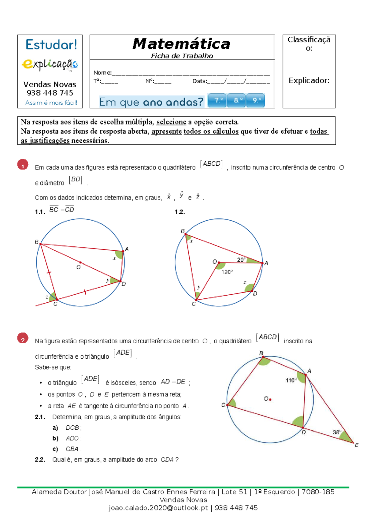 9º Ano Matemática: Ficha de Trabalho sobre Quadriláteros e Ângulos ...