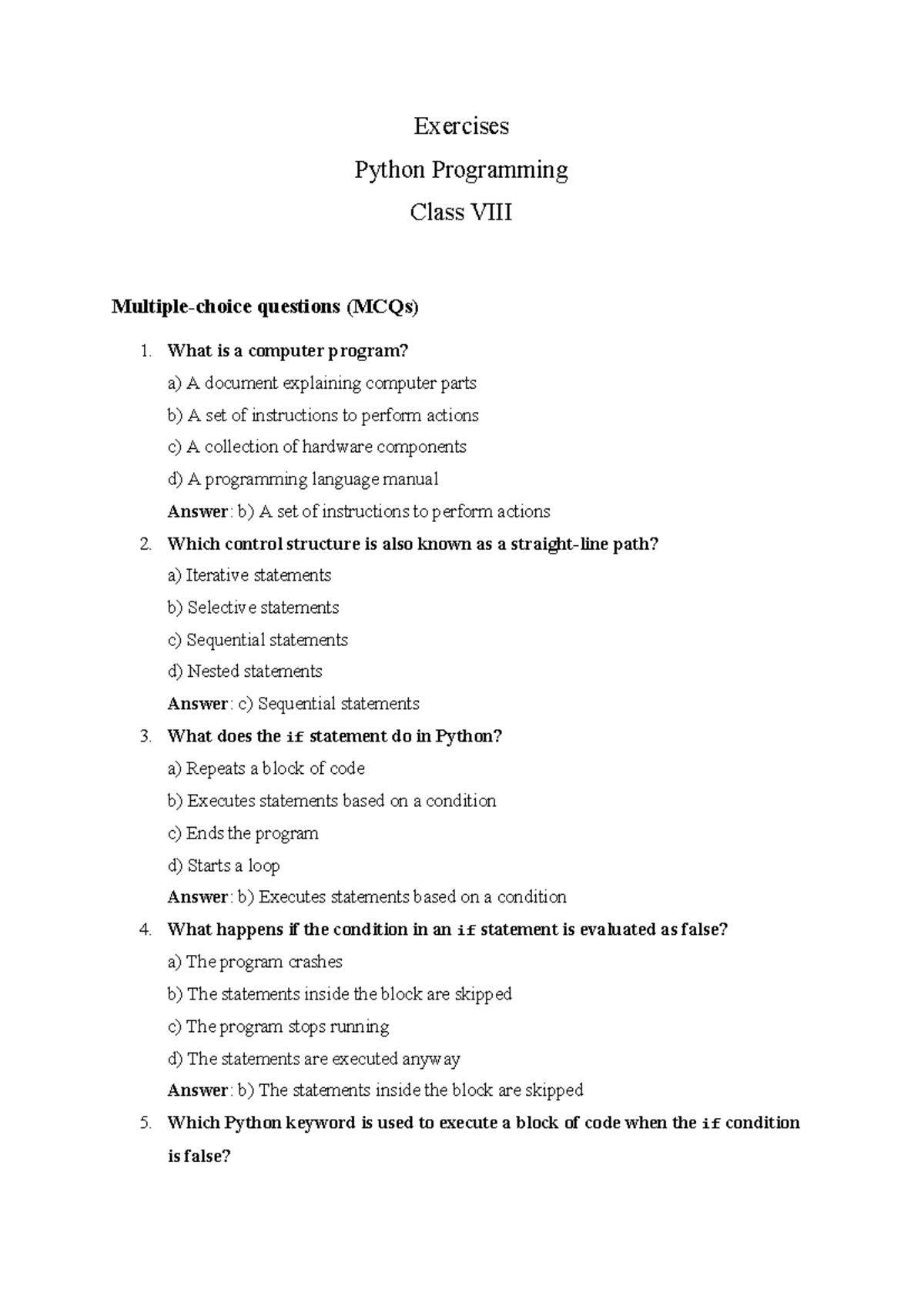Python Programming Class MCQs & Concepts Review - Studocu