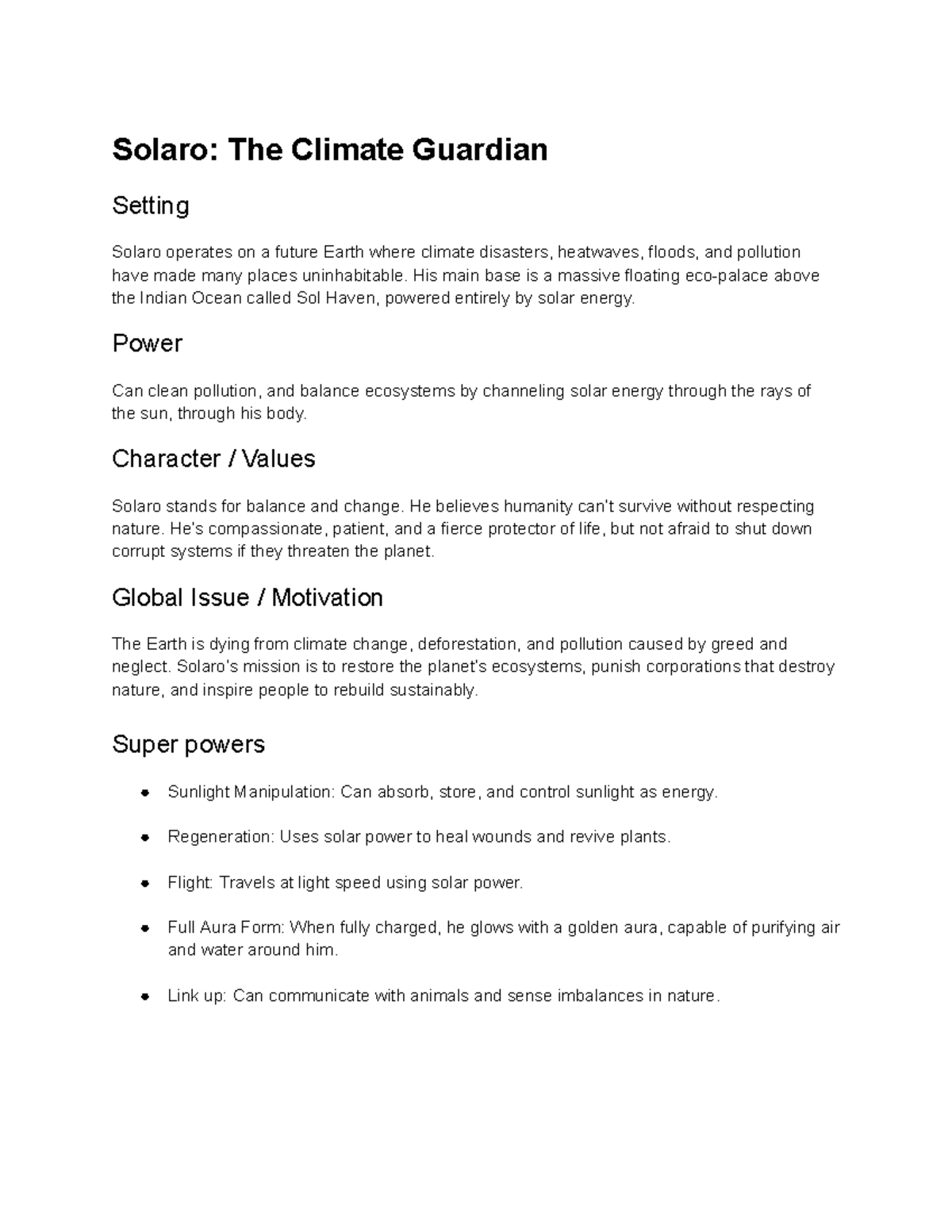 Task 1: Gael - English Superhero Analysis of Solaro: The Climate ...