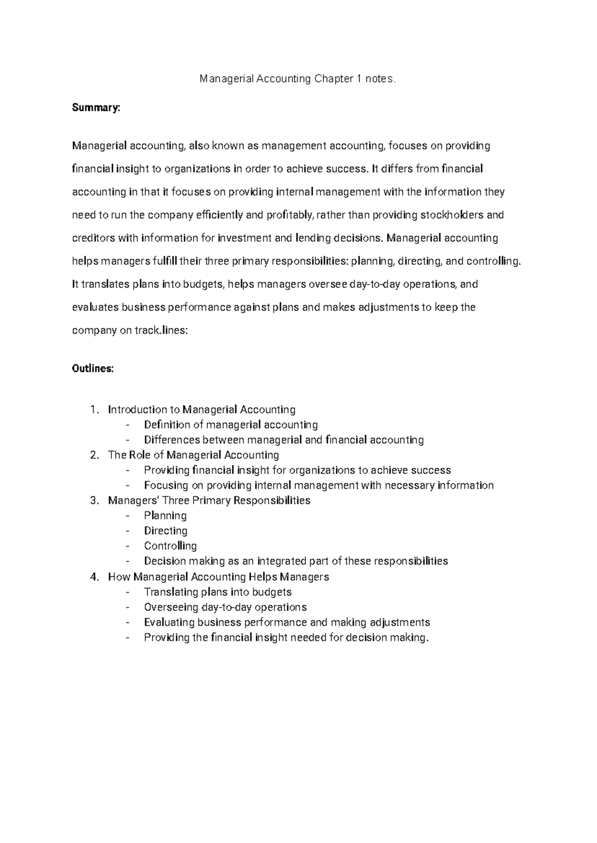 Managerial Accounting Chapter 1 notes - Summary: Managerial accounting ...