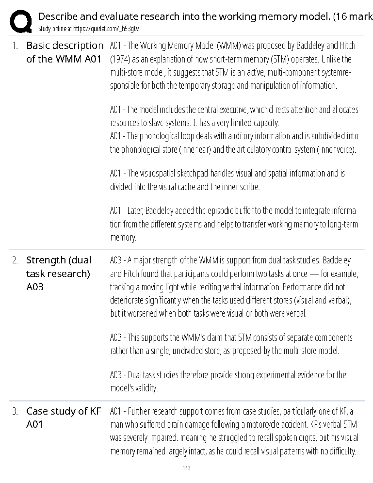 Evaluation of Research on the Working Memory Model (WMM) - 16 Marks ...