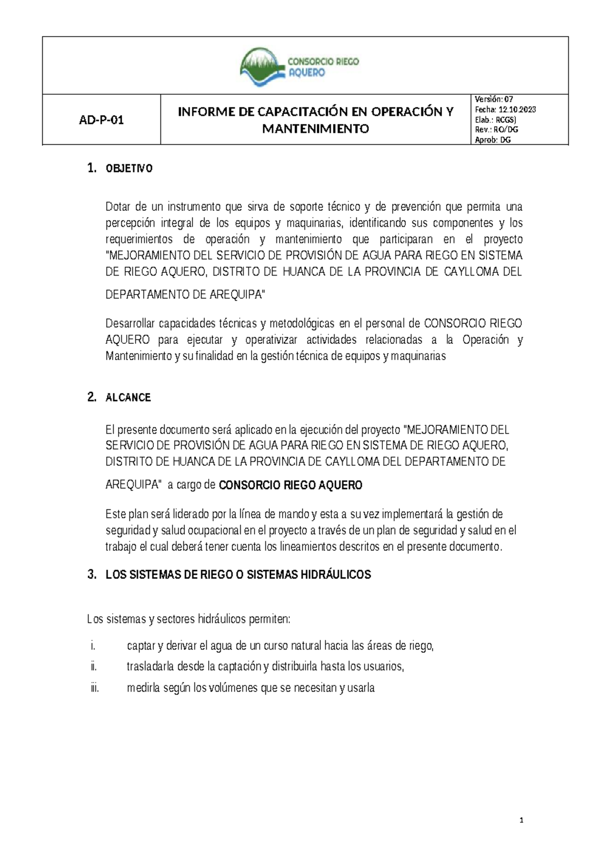 Informe de capacitación en operación y mantenimiento del sistema de riego - Document Preview